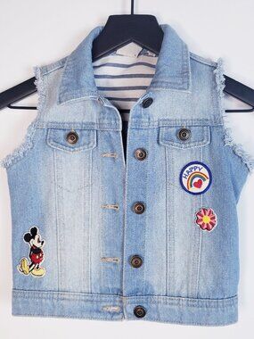 Disney Girls Junk Food Denim Vest Sleeveless Patches Mickey Mouse Size S